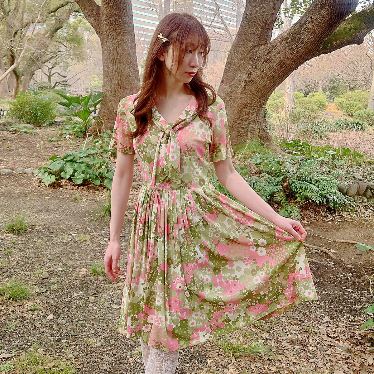 Flower pink green dress | JuLilliy Vintage