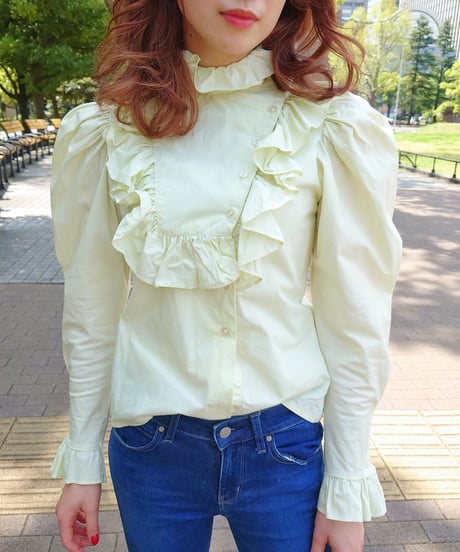 70's Yellow-green Frill lovely blouse