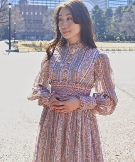 Stripe&flower smocking maxi dress