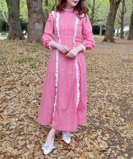 70's Red gingham frill dress