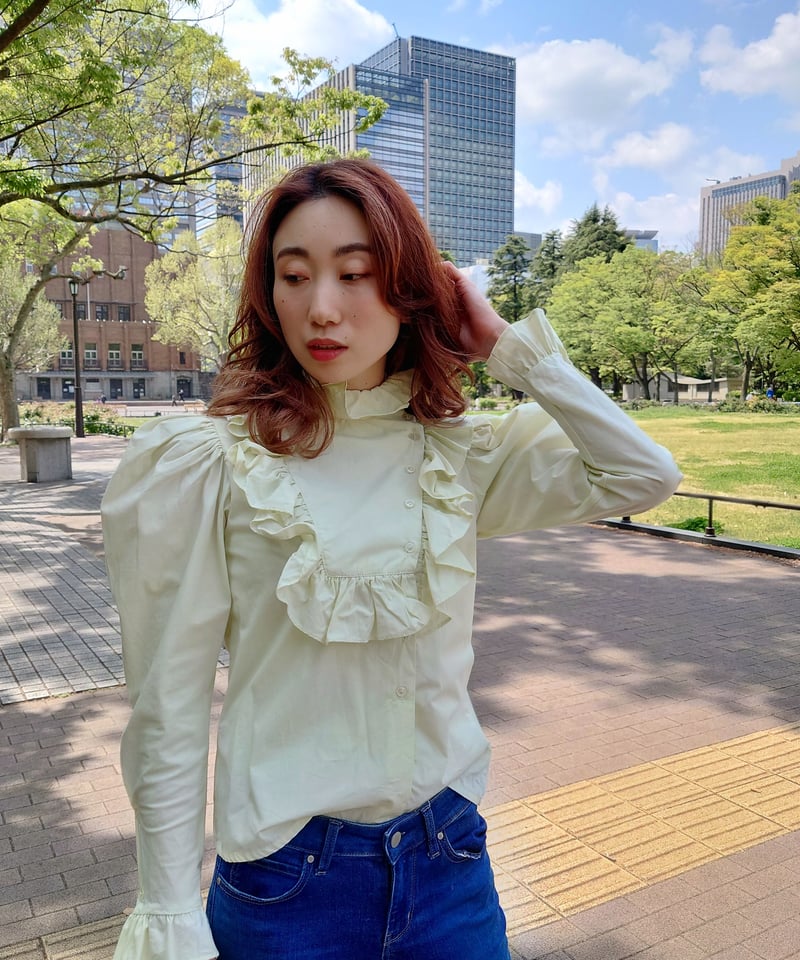 70's Yellow-green Frill lovely blouse | JuLilli