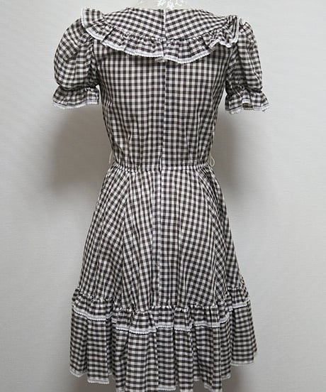 70's Gingham ribbon brown dress