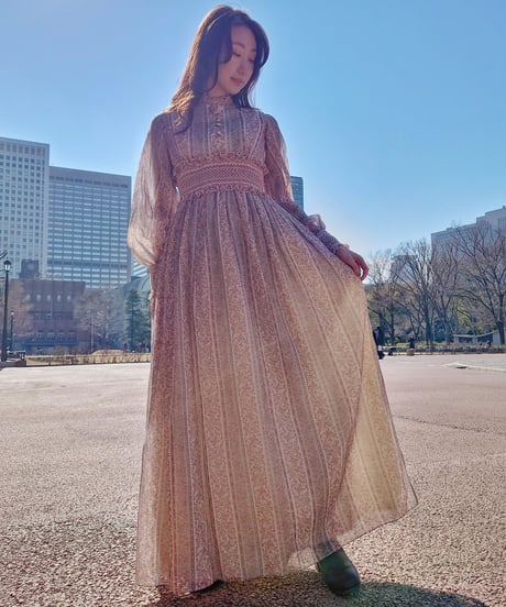 Stripe&flower smocking maxi dress