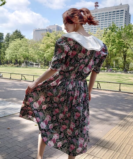 70's Black flower sailor dress