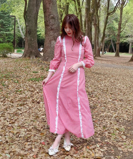 70's Red gingham frill dress