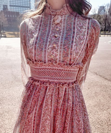 Stripe&flower smocking maxi dress