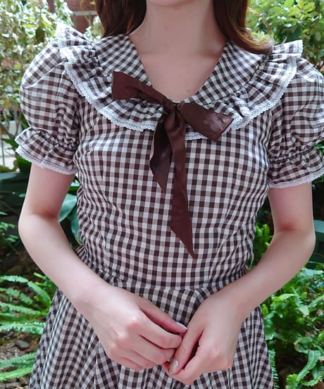70's Gingham ribbon brown dress