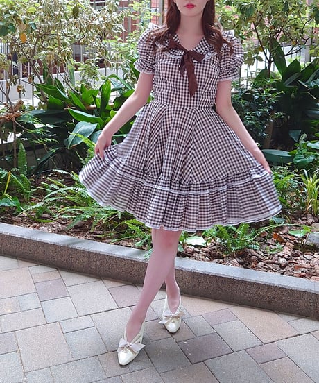 70's Gingham ribbon brown dress