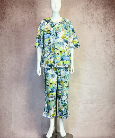 6分袖半開パジャマ【楊柳・アートな森の旅】（A36161B）／TUNIC