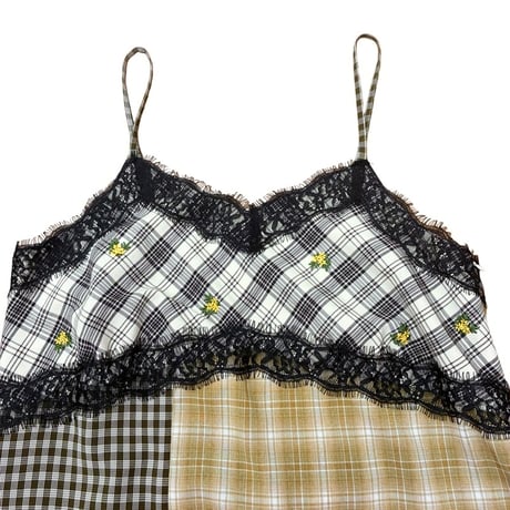EimeeLaw 小花刺繍チェックパッチワークキャミワンピース  - イエロー