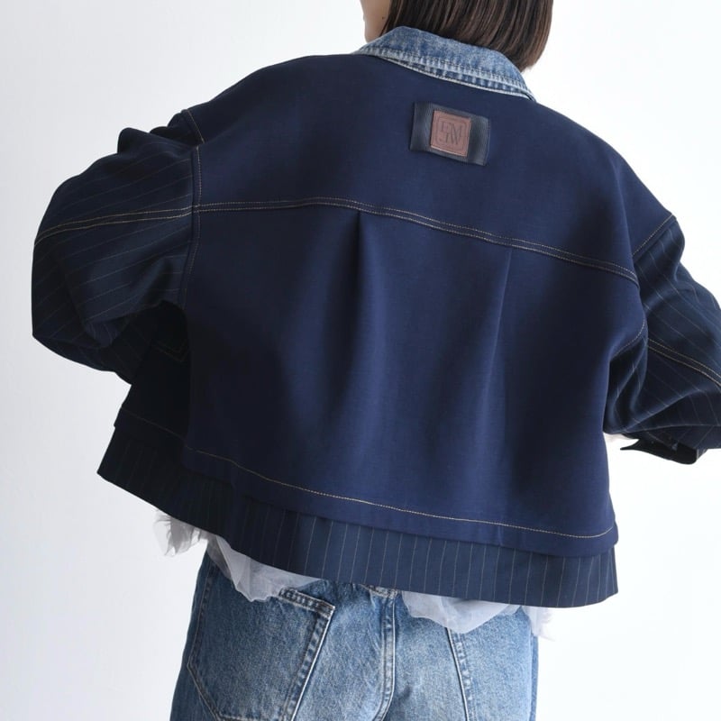 EimeeLaw デニムトリム ダンボール&ストライプジャケット- ブラック