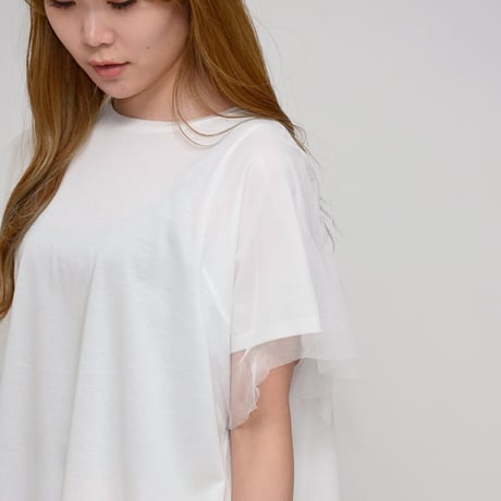 Praia       バックバルーンチュールドッキングTシャツ     -ホワイト