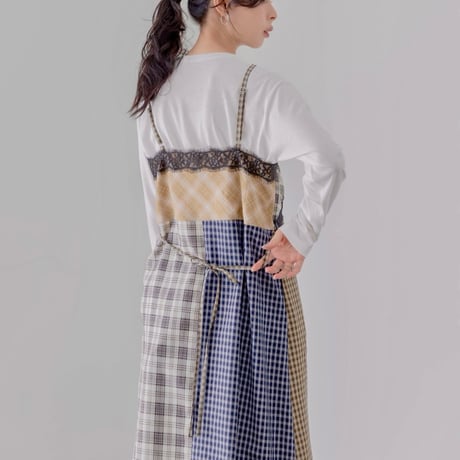 EimeeLaw 小花刺繍チェックパッチワークキャミワンピース  - イエロー