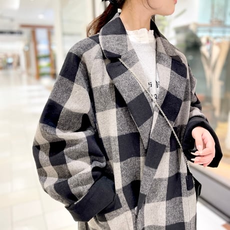 THOMAS MAGPIE ウール混チェックロングコート　グレー