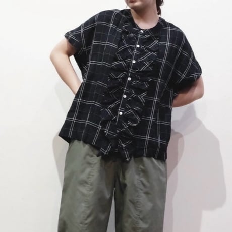 ventblanc チェック柄フレンチスリーブブラウス -ブラック