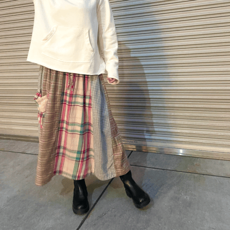 TIGRE BROCANTE コットンフランネルワンポケットスカート-ピンクミックス