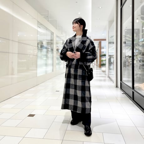 THOMAS MAGPIE ウール混チェックロングコート　グレー