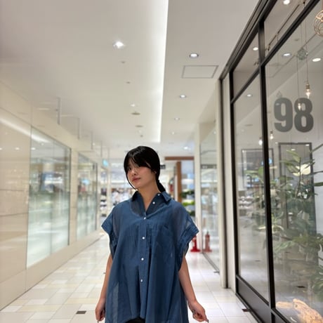NUS シアーデニム バックギャザーフレアハーフスリーブシャツ denim Blue