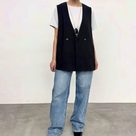NUS   リネンライクツイルバッククロスタックノーカラージレ-  ブラック