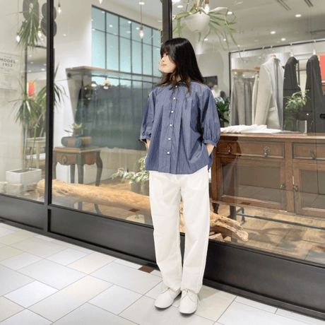 denicher ストライプタックブラウス　ネイビー