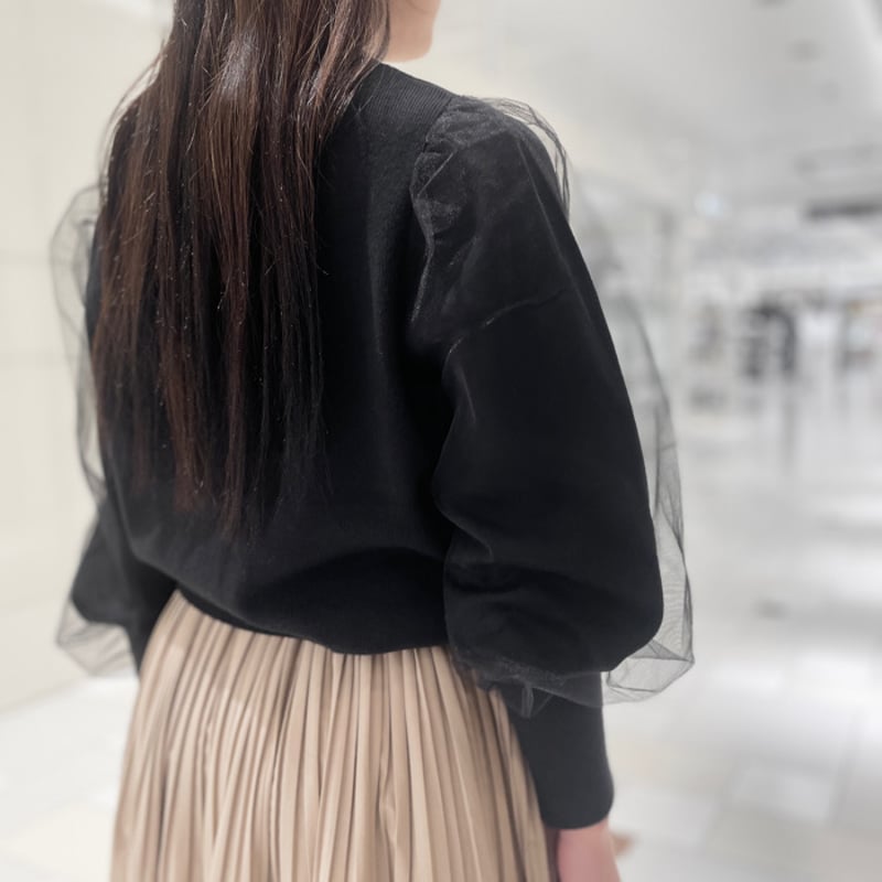 THOMAS MAGPIE チュールスリーブニットカーディガン ブラック | grasol