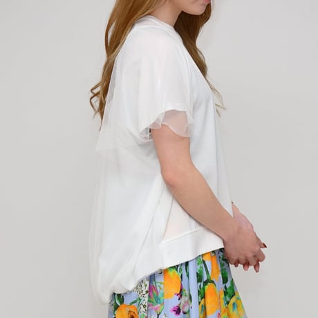 Praia       バックバルーンチュールドッキングTシャツ     -ホワイト