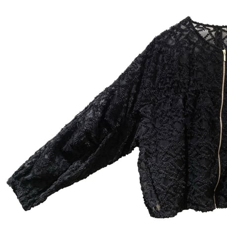 STELLA CIFFON ジャカードフロッキーレースブルゾン　ブラック