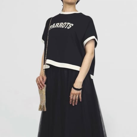 QTUME バイカラー細リブロゴTシャツ-ブラック