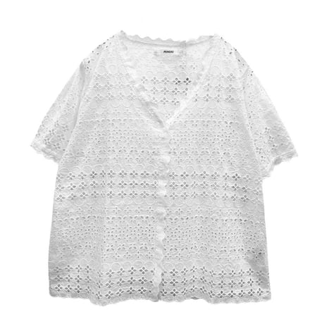 PEINDRE Vネックスカラップレースブラウス