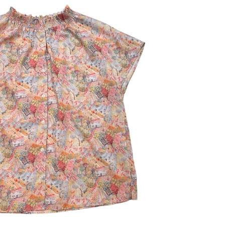 Parkes リバティプリント"Royal Oak House"シャーリングフレンチスリーブ半袖丈シャツ-ピンク