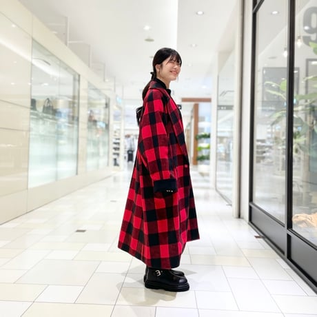 THOMAS MAGPIE ウール混チェックロングコート　レッド