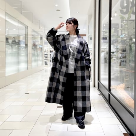 THOMAS MAGPIE ウール混チェックロングコート　グレー