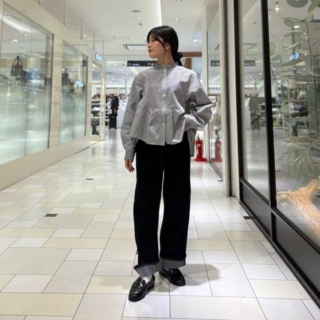 denicher ネックフリルブラウス ストライプ