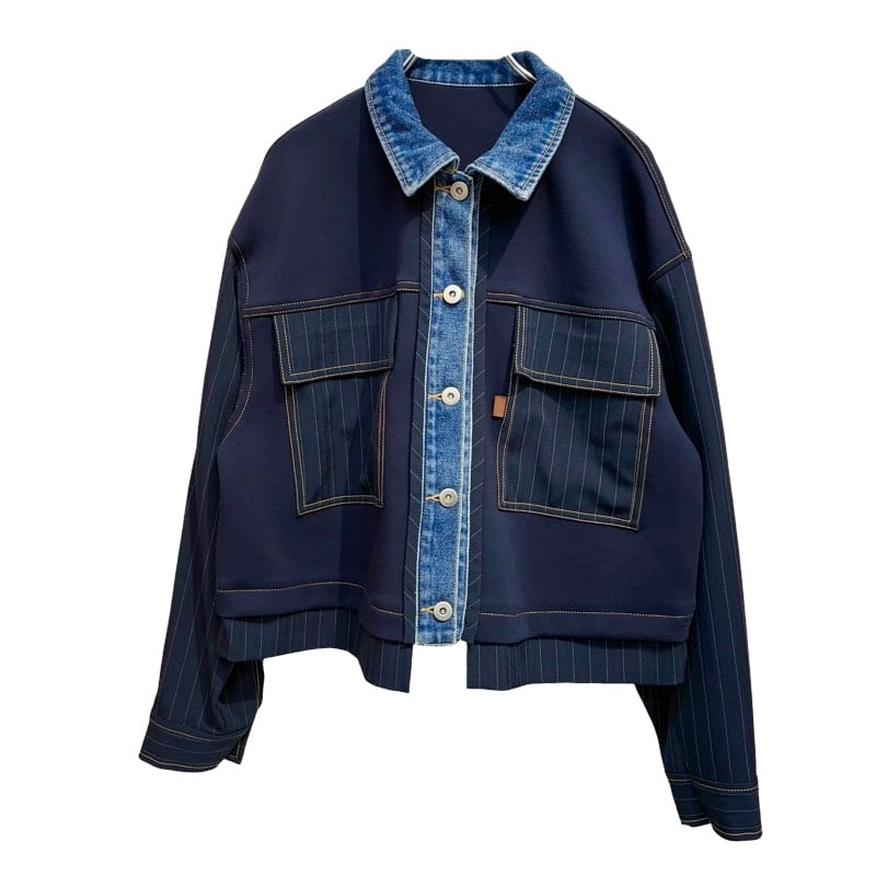 EimeeLaw デニムトリム ダンボール&ストライプジャケット- ネイビー