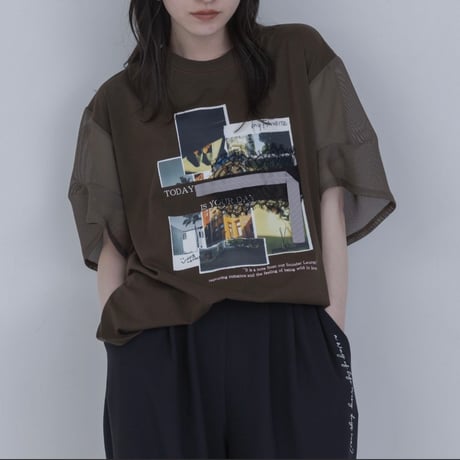 EimeeLaw    メッシュスリーブTシャツ    -ブラウン