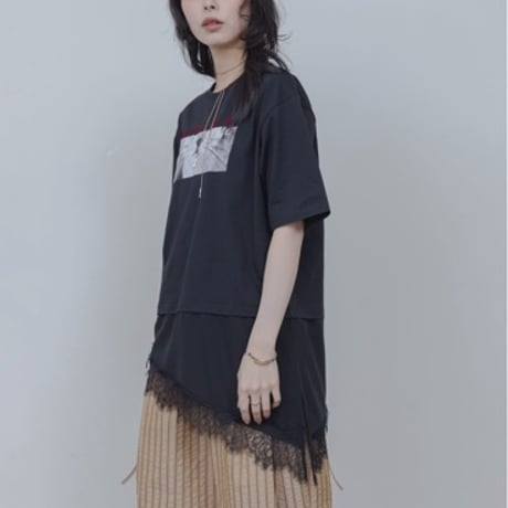 EimeeLaw    アニマルフォト＆刺繍プリントレイヤードヘムレーストップス -ブラック