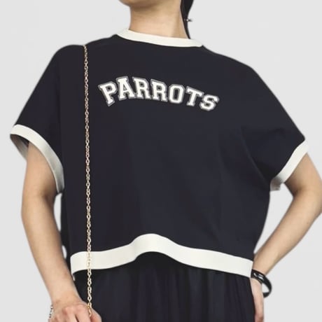 QTUME バイカラー細リブロゴTシャツ-ブラック