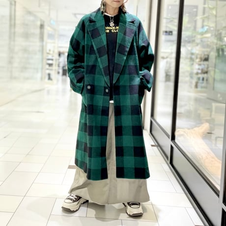 THOMAS MAGPIE ウール混チェックロングコート　グリーン