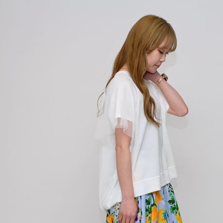 Praia       バックバルーンチュールドッキングTシャツ     -ホワイト