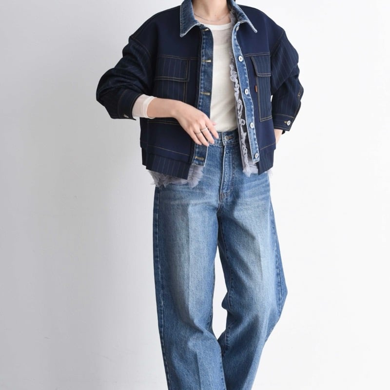 EimeeLaw デニムトリム ダンボール&ストライプジャケット- ブラック