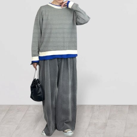 QTUME バイカラーロングTシャツニット- ベージュ