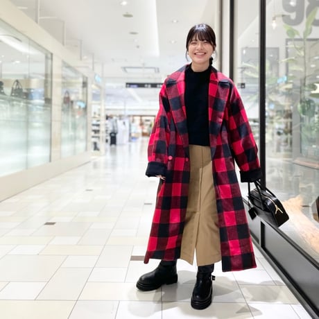 THOMAS MAGPIE ウール混チェックロングコート　レッド