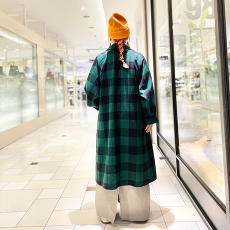 THOMAS MAGPIE ウール混チェックロングコート　グリーン