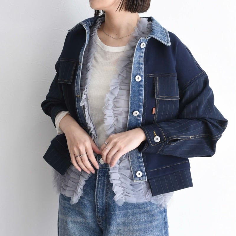 EimeeLaw デニムトリム ダンボール&ストライプジャケット- ブラック