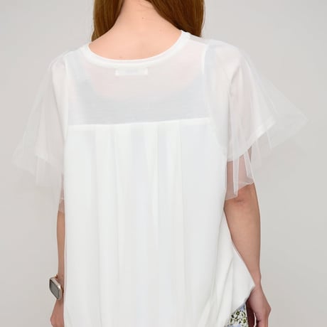 Praia       バックバルーンチュールドッキングTシャツ     -ホワイト
