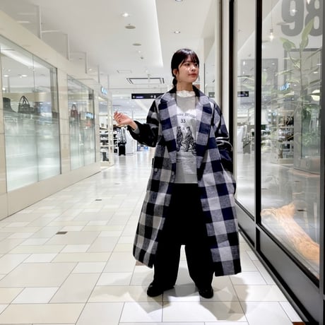 THOMAS MAGPIE ウール混チェックロングコート　グレー