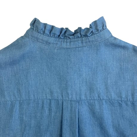 TIGRE BROCANTE コットンテンセルライトデニム ギャザーフリルシャツ-ライトインディゴ