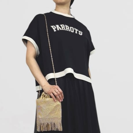 QTUME バイカラー細リブロゴTシャツ-ブラック