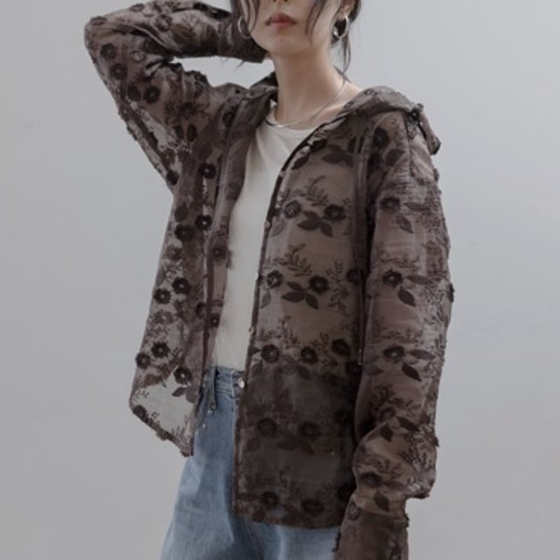 EimeeLaw フラワーモチーフ刺繍 フーディーシャツ-ブラウン | grasol N