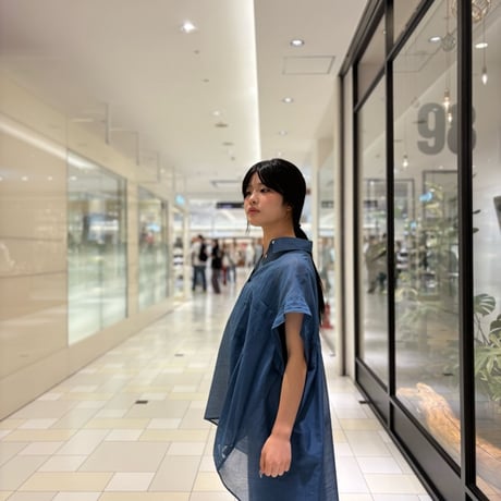 NUS シアーデニム バックギャザーフレアハーフスリーブシャツ denim Blue